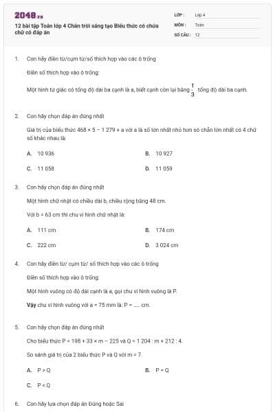 12 bài tập Toán lớp 4 Chân trời sáng tạo Biểu thức có chứa chữ có đáp án