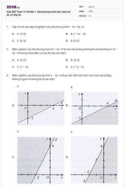 Giải SBT Toán 10 CD Bài 1. Bất phương trình bậc nhất hai ẩn có đáp án