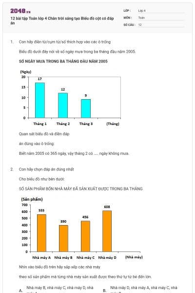 12 bài tập Toán lớp 4 Chân trời sáng tạo Biểu đồ cột có đáp án