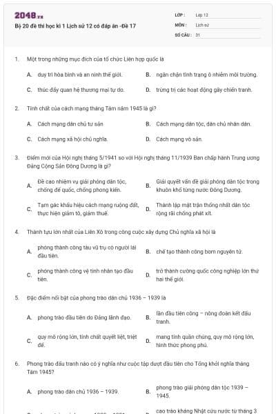 Bộ 20 đề thi học kì 1 Lịch sử 12 có đáp án -Đề 17