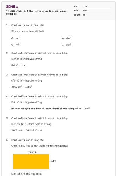 11 bài tập Toán lớp 4 Chân trời sáng tạo Đề-xi-mét vuông có đáp án