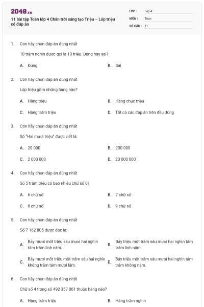 11 bài tập Toán lớp 4 Chân trời sáng tạo Triệu – Lớp triệu có đáp án