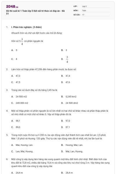 Đề thi cuối kì 1 Toán lớp 5 Kết nối tri thức có đáp án - Đề 01