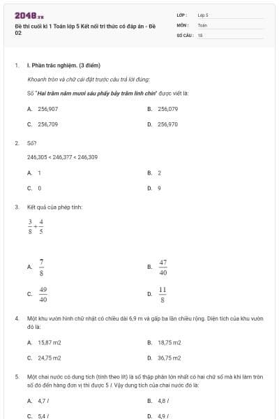 Đề thi cuối kì 1 Toán lớp 5 Kết nối tri thức có đáp án - Đề 02