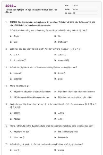 15 câu Trắc nghiệm Tin học 11 Kết nối tri thức Bài 17 có đáp án