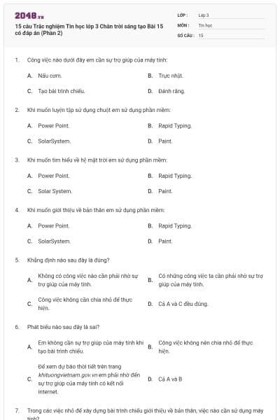 15 câu Trắc nghiệm Tin học lớp 3 Chân trời sáng tạo Bài 15 có đáp án (Phần 2)