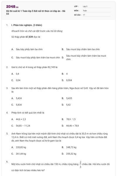 Đề thi cuối kì 1 Toán lớp 5 Kết nối tri thức có đáp án - Đề 03