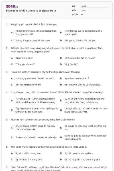 Bộ 20 đề thi học kì 1 Lịch sử 12 có đáp án -Đề 18