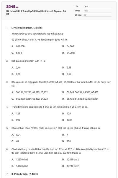 Đề thi cuối kì 1 Toán lớp 5 Kết nối tri thức có đáp án - Đề 04