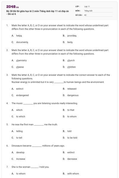 Bộ 30 Đề thi giữa học kì 2 môn Tiếng Anh lớp 11 có đáp án - Đề số 6