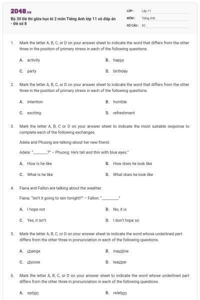 Bộ 30 Đề thi giữa học kì 2 môn Tiếng Anh lớp 11 có đáp án - Đề số 8