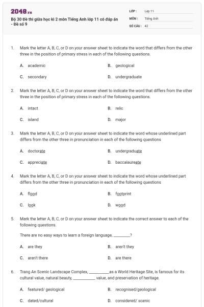 Bộ 30 Đề thi giữa học kì 2 môn Tiếng Anh lớp 11 có đáp án - Đề số 9