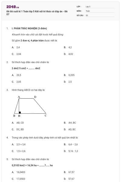 Đề thi cuối kì 1 Toán lớp 5 Kết nối tri thức có đáp án - Đề 07