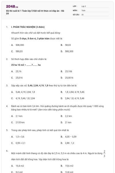 Đề thi cuối kì 1 Toán lớp 5 Kết nối tri thức có đáp án - Đề 09