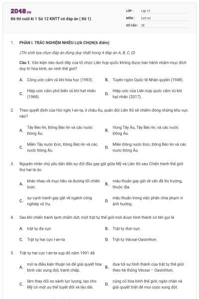 Đề thi cuối kì 1 Sử 12 KNTT có đáp án ( Đề 1)