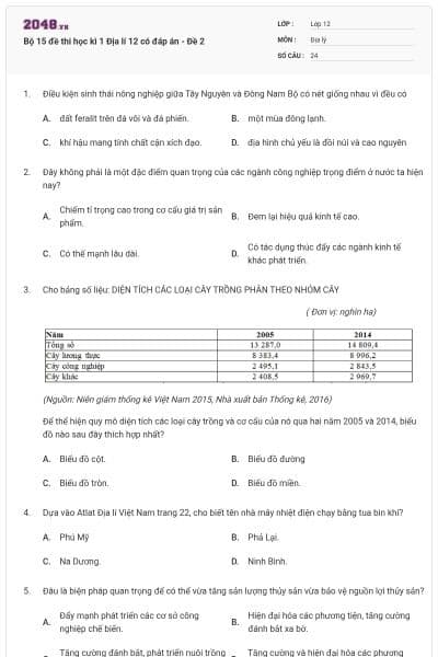 Bộ 15 đề thi học kì 1 Địa lí 12 có đáp án - Đề 2