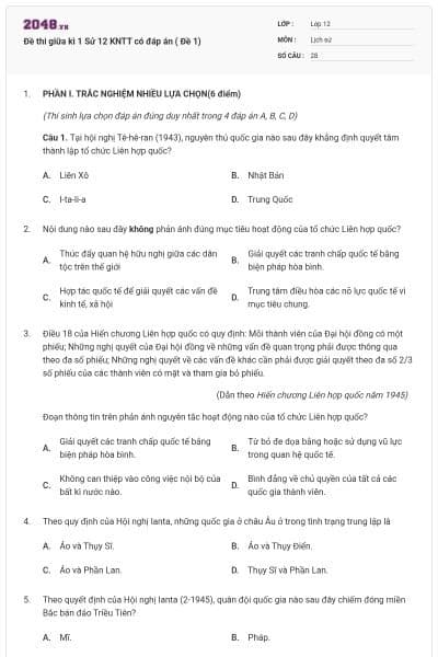 Đề thi giữa kì 1 Sử 12 KNTT có đáp án ( Đề 1)