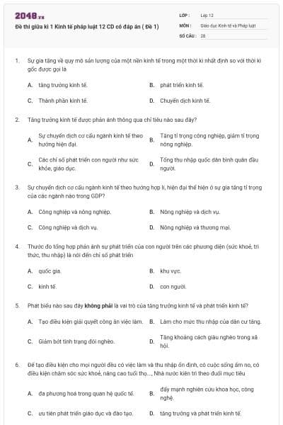 Đề thi giữa kì 1 Kinh tế pháp luật 12 CD có đáp án ( Đề 1)