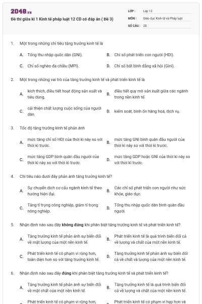 Đề thi giữa kì 1 Kinh tế pháp luật 12 CD có đáp án ( Đề 3)