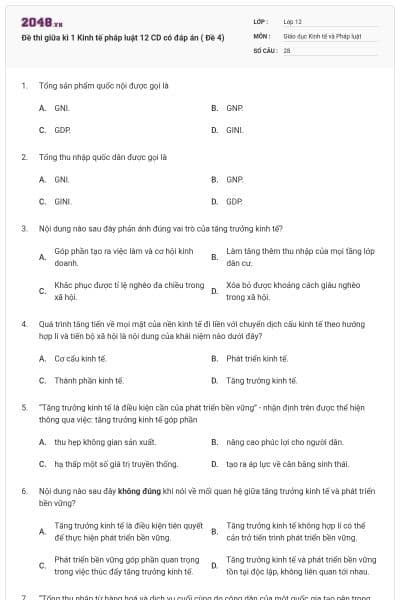 Đề thi giữa kì 1 Kinh tế pháp luật 12 CD có đáp án ( Đề 4)