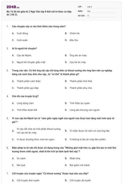 Bộ 15 đề thi giữa kì 2 Ngữ Văn lớp 8 Kết nối tri thức có đáp án ( Đề 2)