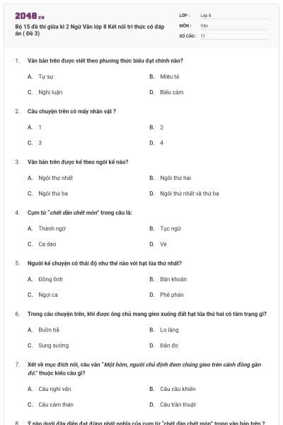 Bộ 15 đề thi giữa kì 2 Ngữ Văn lớp 8 Kết nối tri thức có đáp án ( Đề 3)