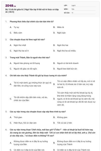 Bộ 15 đề thi giữa kì 2 Ngữ Văn lớp 8 Kết nối tri thức có đáp án ( Đề 6)