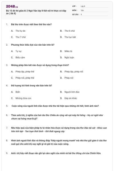 Bộ 15 đề thi giữa kì 2 Ngữ Văn lớp 8 Kết nối tri thức có đáp án ( Đề 8)