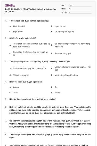 Bộ 15 đề thi giữa kì 2 Ngữ Văn lớp 8 Kết nối tri thức có đáp án ( Đề 9)