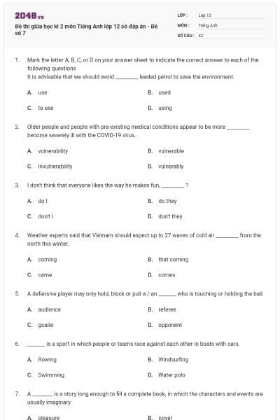 Đề thi giữa học kì 2 môn Tiếng Anh lớp 12 có đáp án - Đề số 7