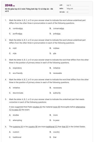 Đề thi giữa học kì 2 môn Tiếng Anh lớp 12 có đáp án - Đề số 8