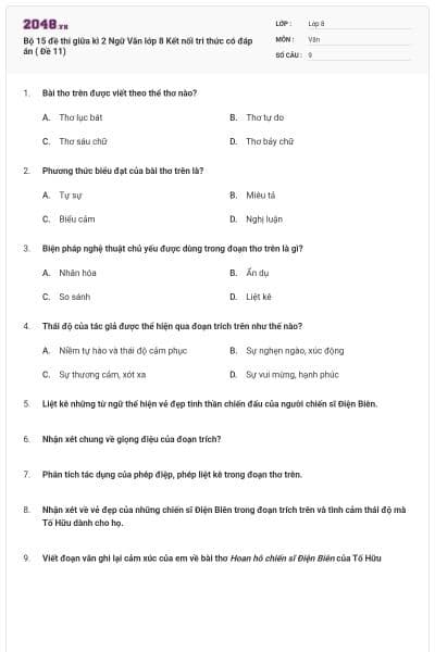 Bộ 15 đề thi giữa kì 2 Ngữ Văn lớp 8 Kết nối tri thức có đáp án ( Đề 11)
