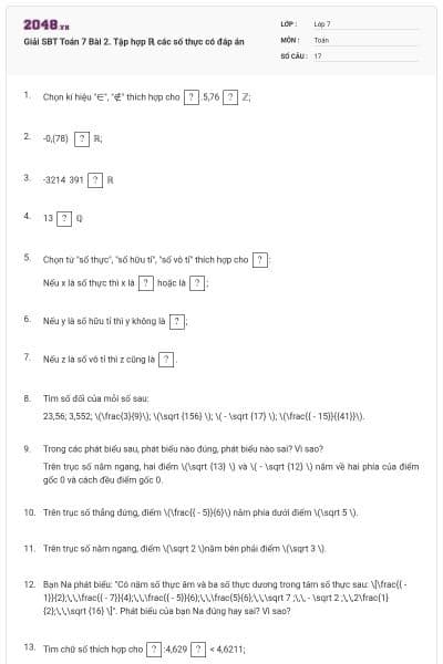 Giải SBT Toán 7 Bài 2. Tập hợp ℝ các số thực có đáp án