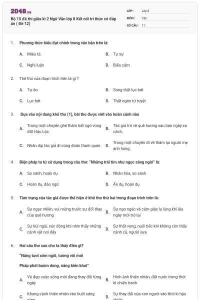 Bộ 15 đề thi giữa kì 2 Ngữ Văn lớp 8 Kết nối tri thức có đáp án ( Đề 12)
