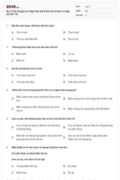 Bộ 15 đề thi giữa kì 2 Ngữ Văn lớp 8 Kết nối tri thức có đáp án( Đề 14)