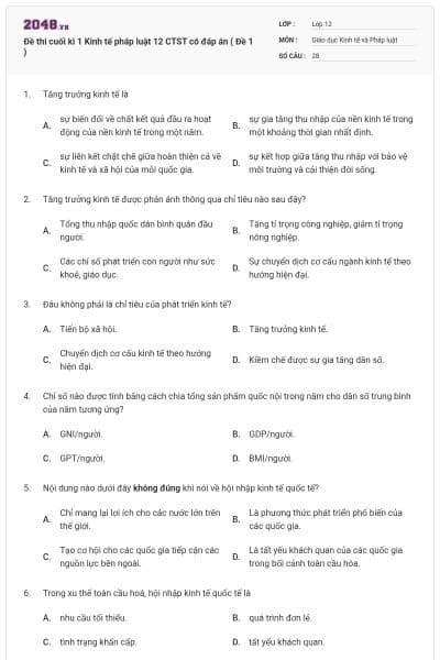 Đề thi cuối kì 1 Kinh tế pháp luật 12 CTST có đáp án ( Đề 1 )