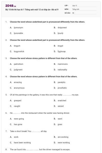 Bộ 15 Đề thi học kì 1 Tiếng anh mới 12 có đáp án- Đề số 9