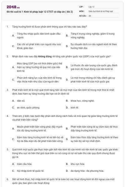 Đề thi cuối kì 1 Kinh tế pháp luật 12 CTST có đáp án ( Đề 2)