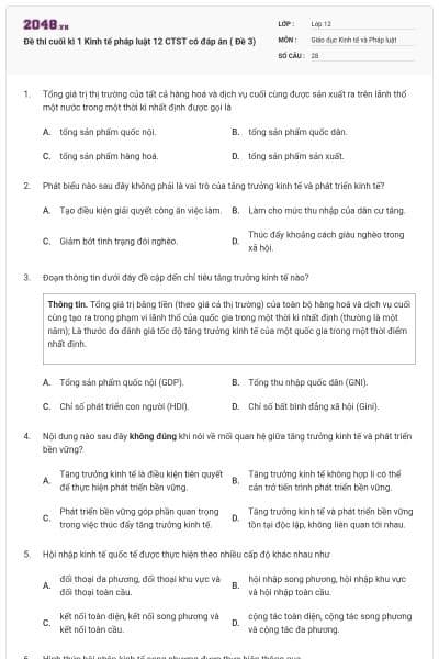 Đề thi cuối kì 1 Kinh tế pháp luật 12 CTST có đáp án ( Đề 3)