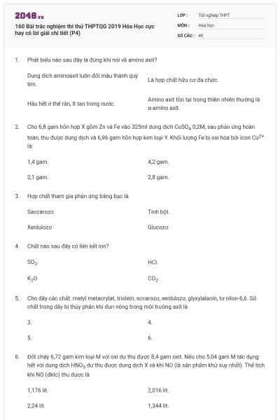160 Bài trắc nghiệm thi thử THPTQG 2019 Hóa Học cực hay có lời giải chi tiết (P4)