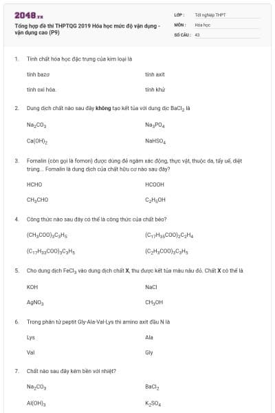 Tổng hợp đề thi THPTQG 2019 Hóa học mức độ vận dụng - vận dụng cao (P9)