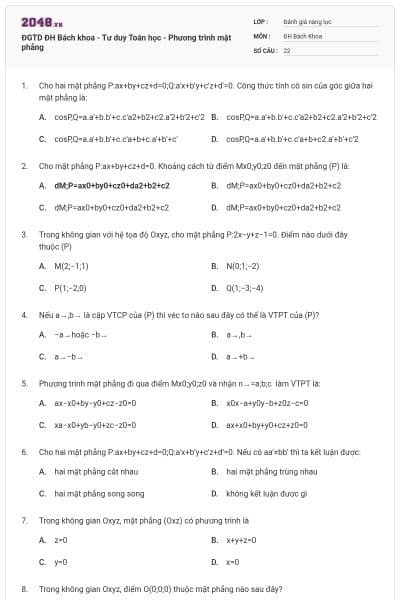 ĐGTD ĐH Bách khoa - Tư duy Toán học - Phương trình mặt phẳng