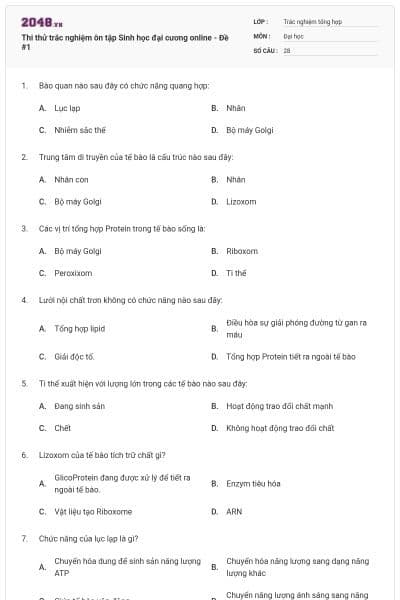 Thi thử trắc nghiệm ôn tập Sinh học đại cương online - Đề #1