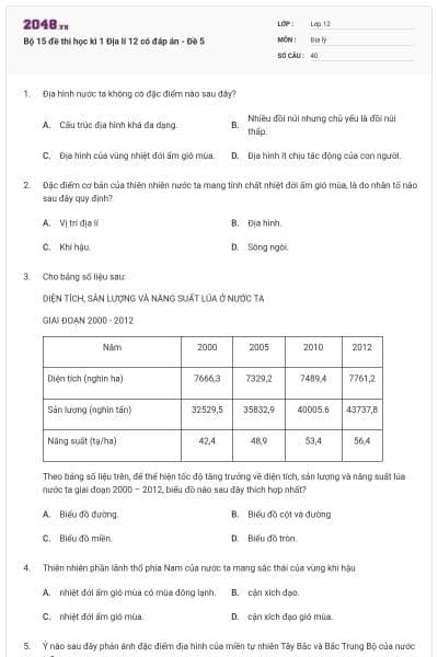 Bộ 15 đề thi học kì 1 Địa lí 12 có đáp án - Đề 5