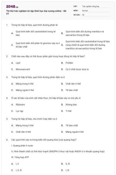 Thi thử trắc nghiệm ôn tập Sinh học đại cương online - Đề #7