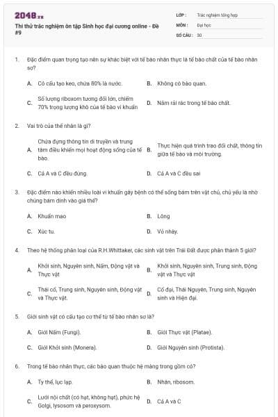 Thi thử trắc nghiệm ôn tập Sinh học đại cương online - Đề #9