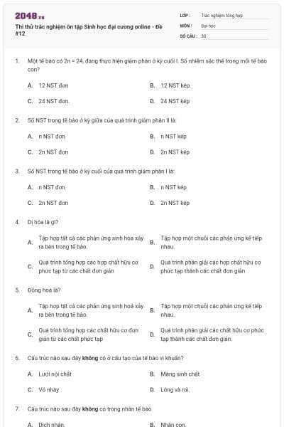 Thi thử trắc nghiệm ôn tập Sinh học đại cương online - Đề #12