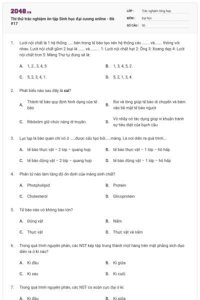 Thi thử trắc nghiệm ôn tập Sinh học đại cương online - Đề #17
