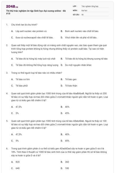 Thi thử trắc nghiệm ôn tập Sinh học đại cương online - Đề #19