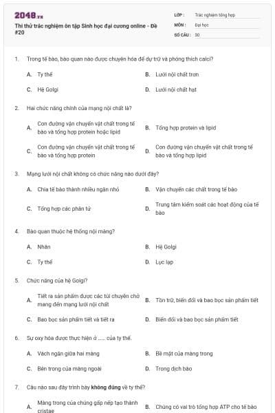 Thi thử trắc nghiệm ôn tập Sinh học đại cương online - Đề #20